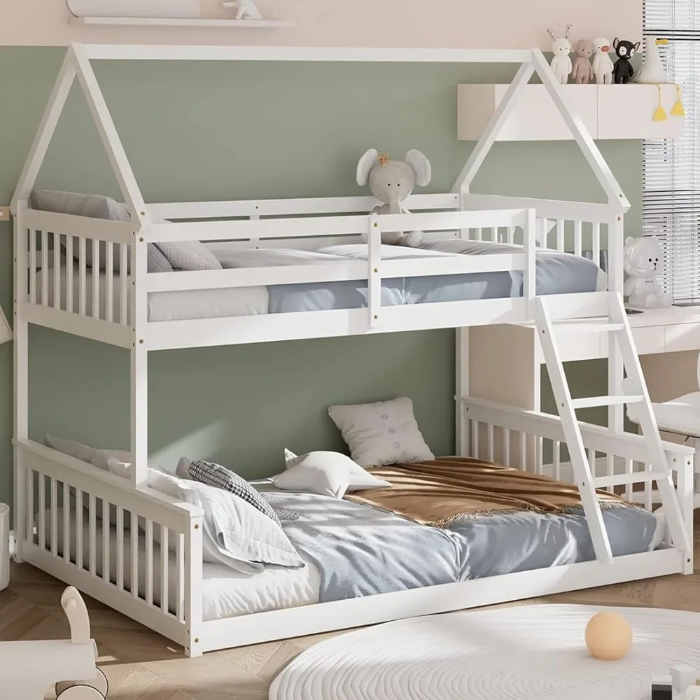 Bunk Bed, Solid Wood House Beds Frame Built in Ladder & Safety Guardrails, for Kids Teens Juniors, No Box Spring Needed, Bed