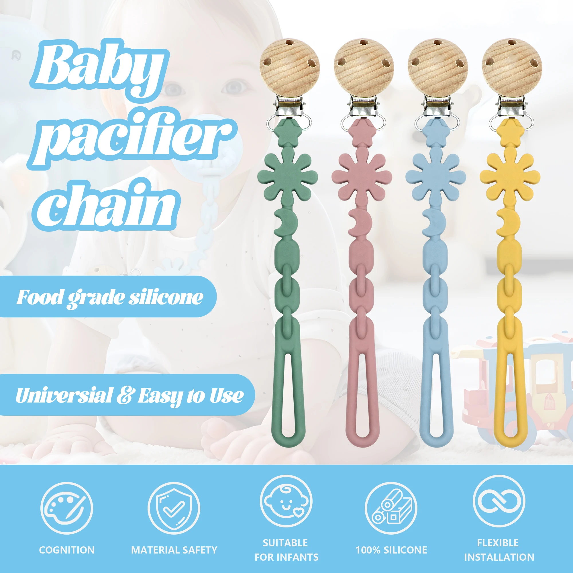 Sunflower-shaped pacifier chain with clip to prevent it from falling off; an essential baby gift; featuring a one-piece design.