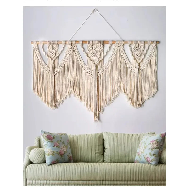 Large Macrame Wall Hanging Tapestry with Wooden Stick, Hand Woven Bohemian Tassel Curtain, Boho Decor for Wedding Background