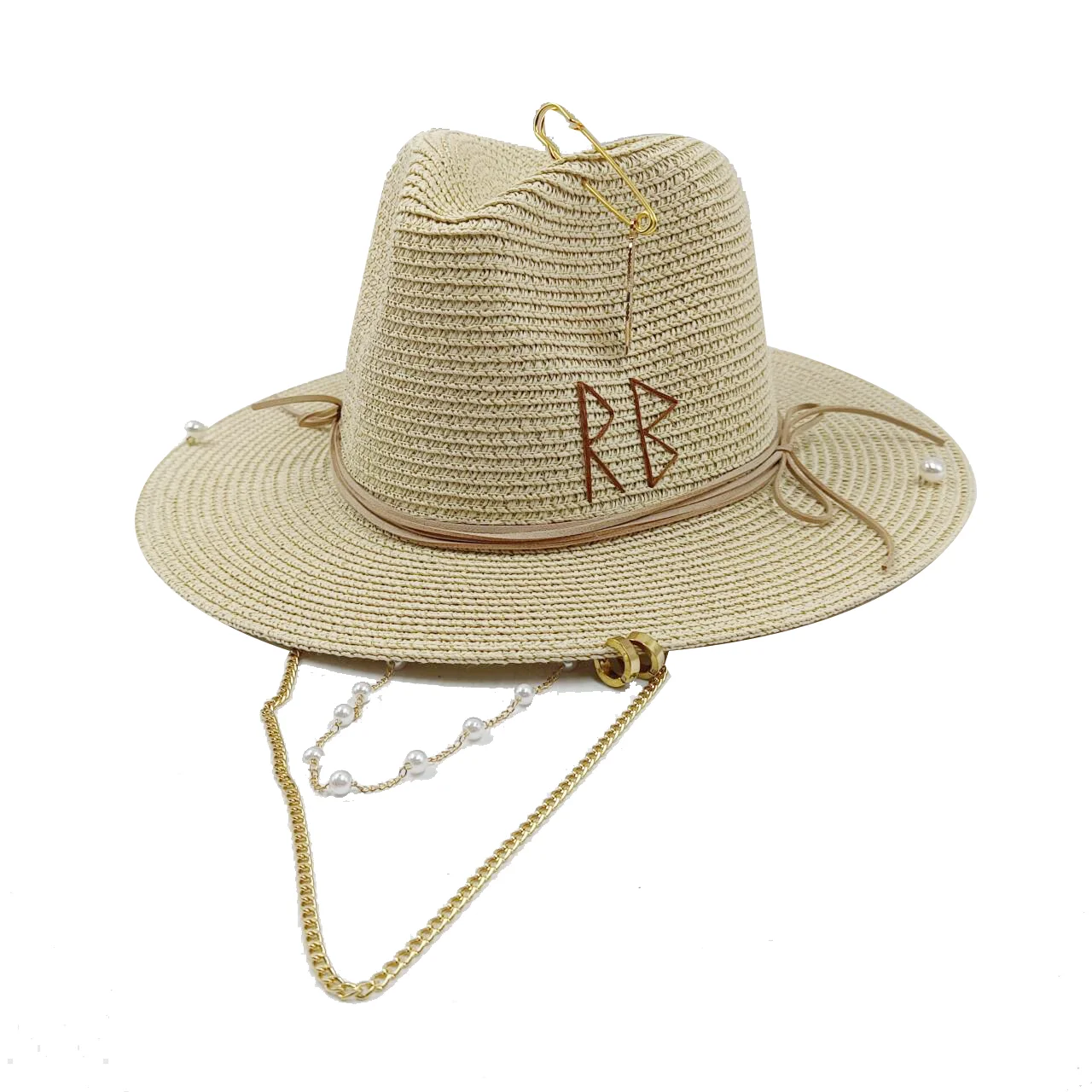 Personalized hat straw hat pearl chain DIY jazz hat sun hat new letter hat beach hat men\'s and women\'s punk hat candy color