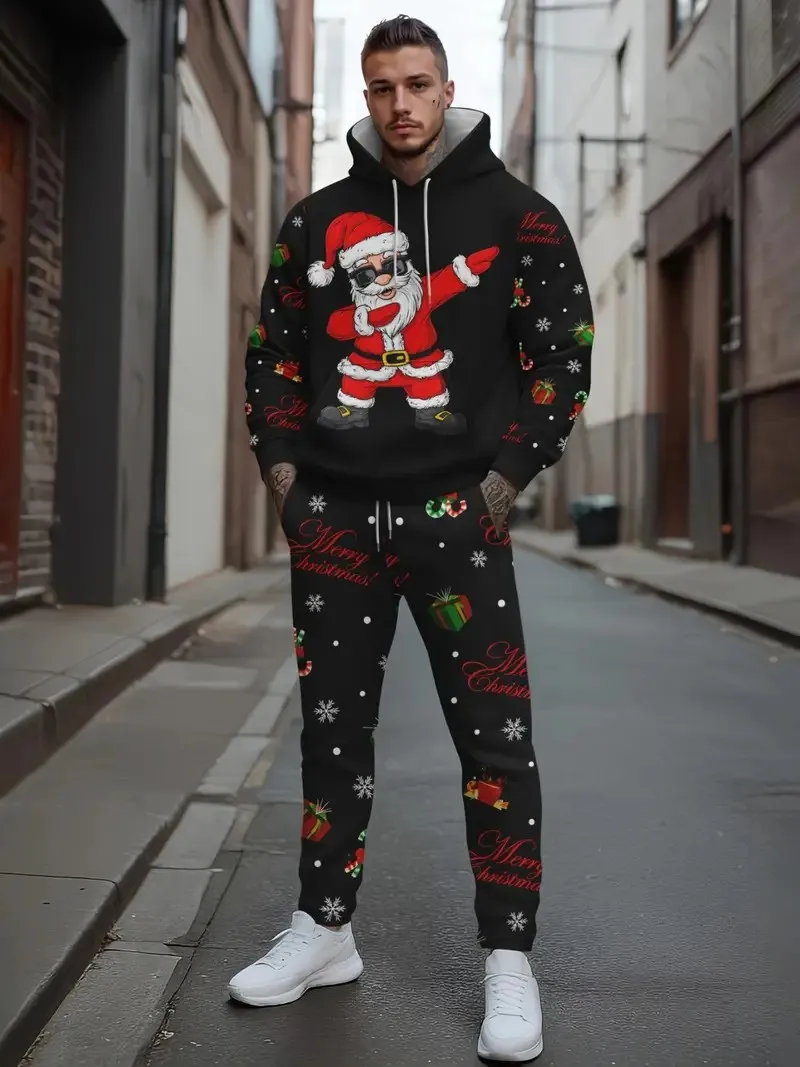 Grappige Kerst Kerstman Heren Hoodie Set Herfst en Winter Casual Hoodie Broek 2-delige Set Outdoor Losse Sport Vakantie Set
