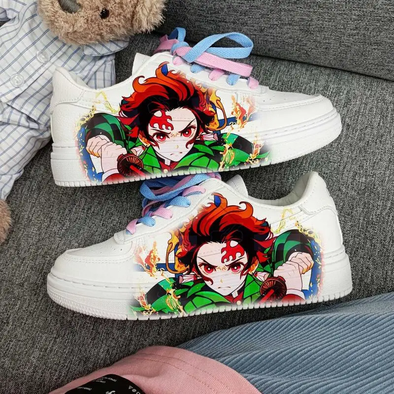 

Demon Slayer Two-Dimensional Low-Top Breathable Sneakers Graffiti Print Teen Anime White Shoes Kamado Tanjirou Holiday Gift