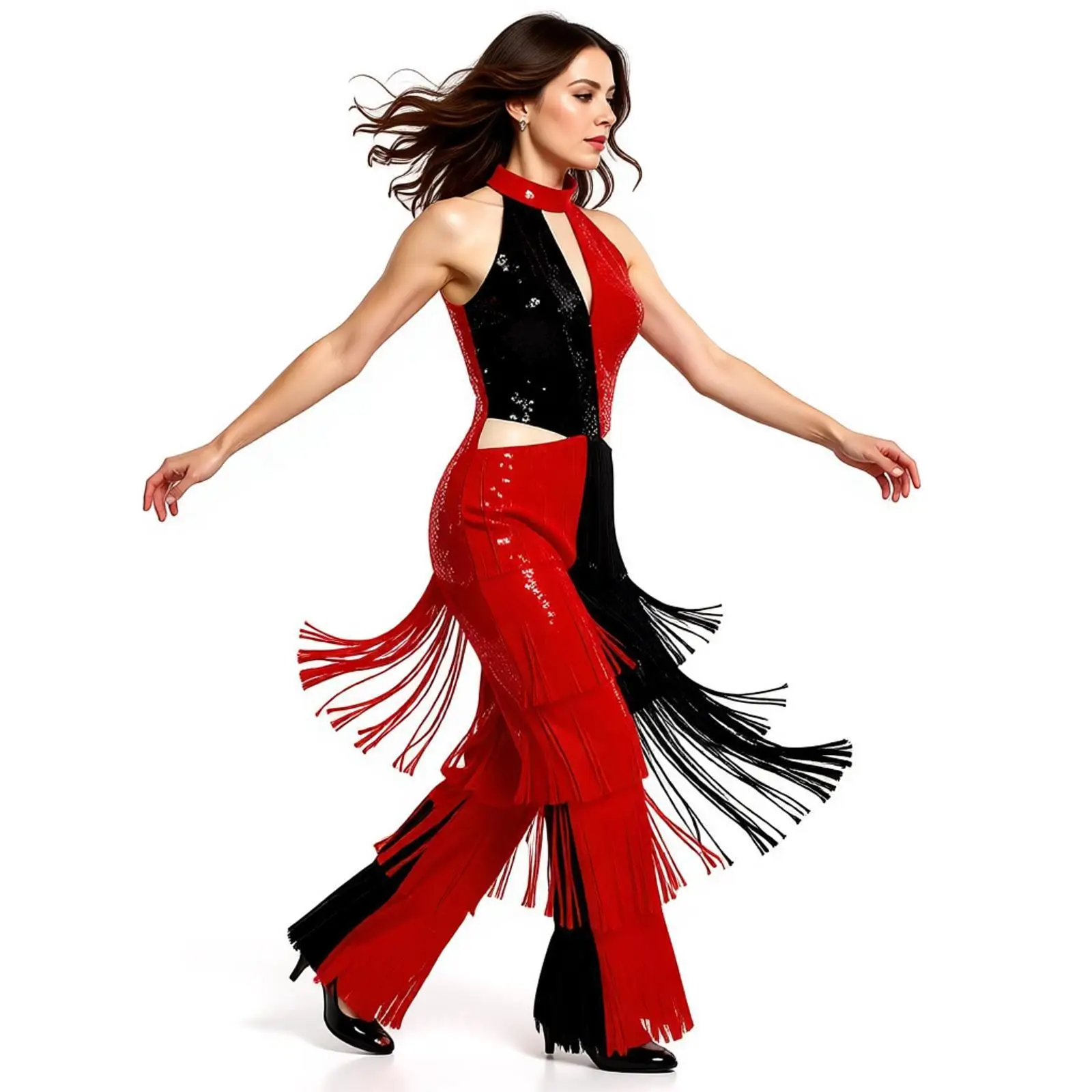 Sexy Sequins Tiered Tassel Jumpsuit for Ladies Women Latin Cha Cha Dance Performance Samba Fringe Pants Full Bodysuit Dancewear