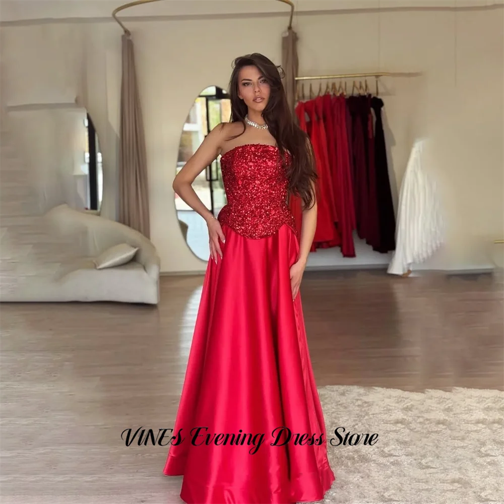 

VINES Red Prom Dress Strapless Celebrity Dress with Sequin Bodice Evening Dresses Pleated A Line Satin Formal Gown Customized