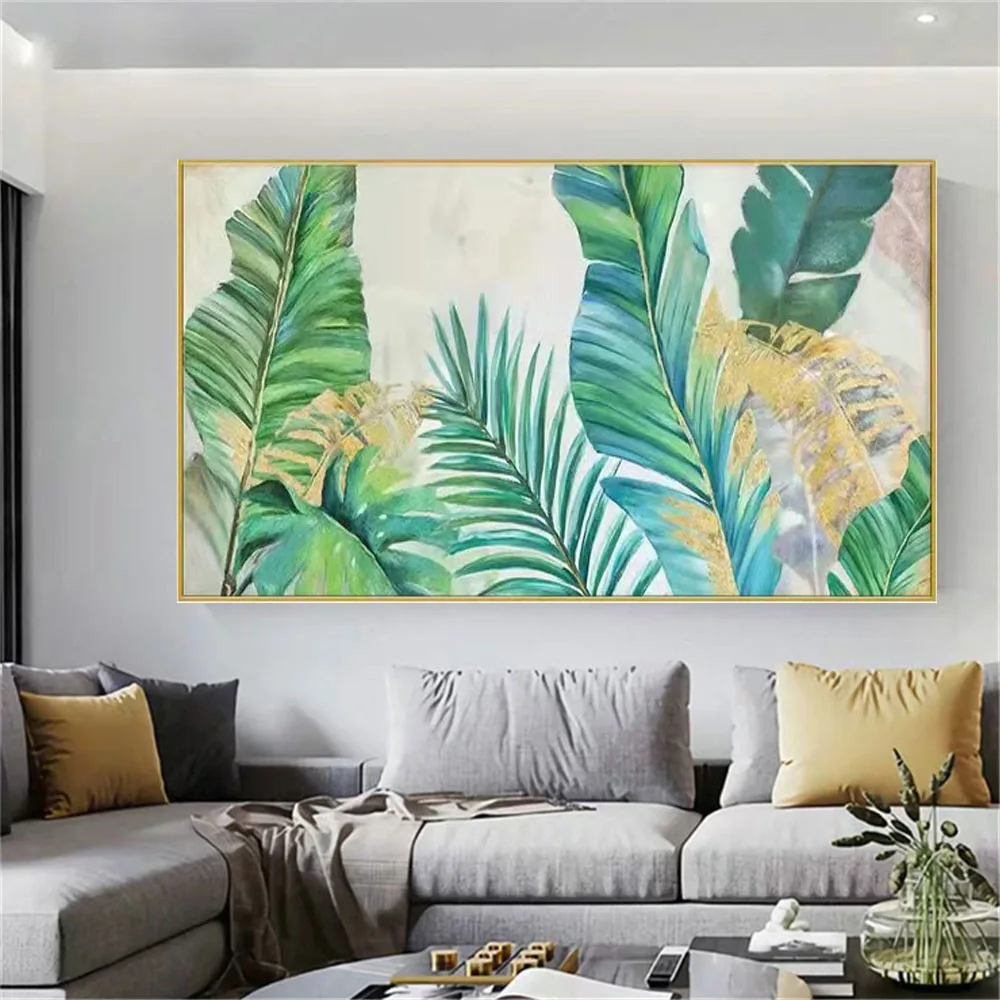 

Handmade Paint On Canvas Panels Gold Foil Leaf Abstract Green Texture Oil Painting Decor Living Room Home Wall Art Picture Gift