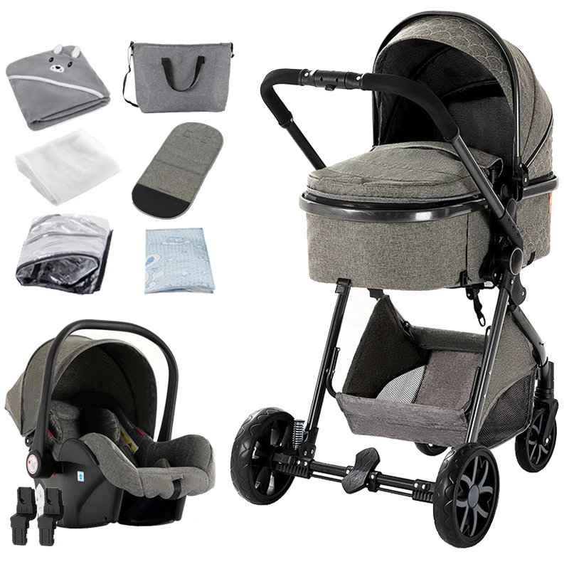 Luxe 3-in-1 babykinderwagen, kinderwagen en kinderwagen met afneembare reiswieg, gladde wielen en achterstel in meerdere hoeken