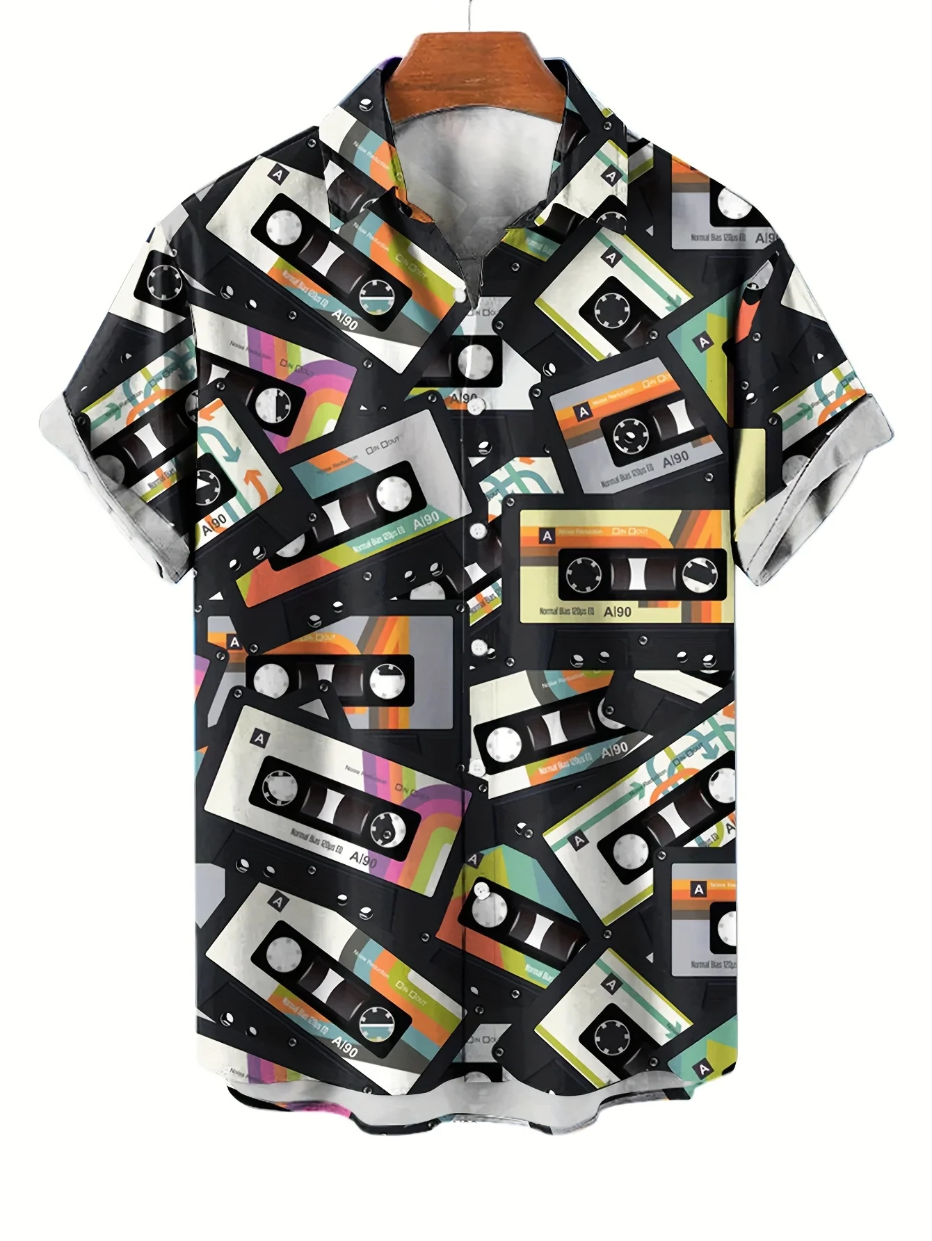 

Retro tape graphic all over print men's stylish short sleeve button down collar Hawaiian style shirt, perfect for summer vacatio