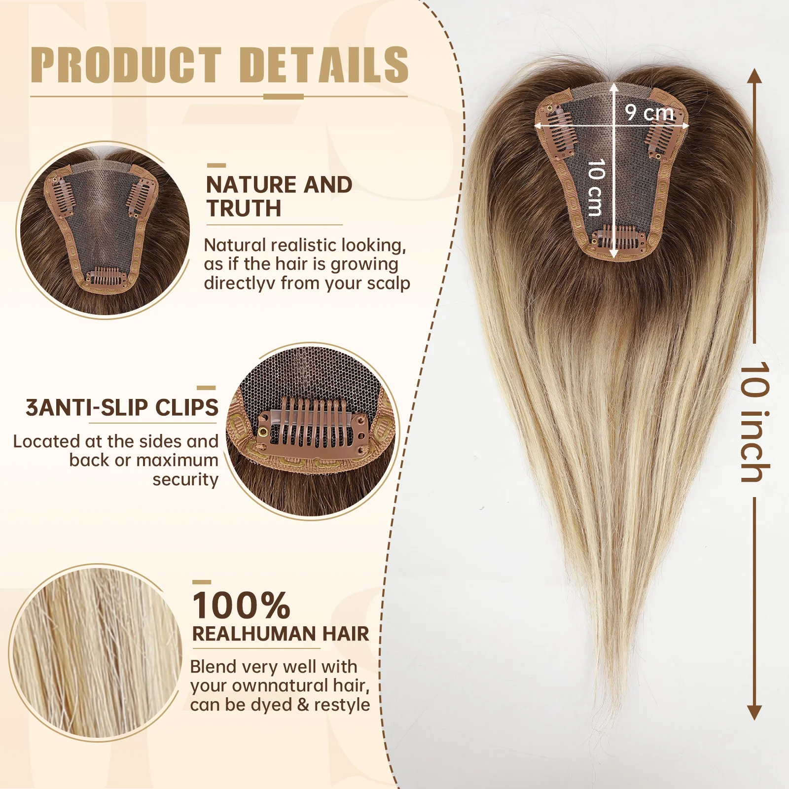 Blonde Mixed Brown Human Hair Topper Middle Part Straight Hairpieces 100% Remy Human Hair Silk Top Base Hair Extension for Women