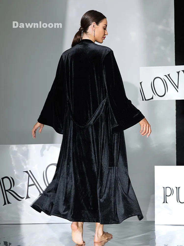 Women's Black Velvet Slip Dress And Long Robe Two-Piece Set Luxury Vintage Elegant Home Loungewear for Autumn Winter