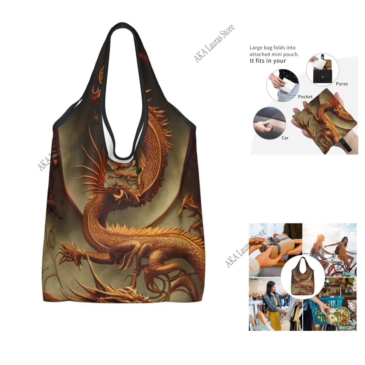 

Shopping Bags Women Portable Dragon Snapback Big Capacity Grocery Shopper Tote Bags