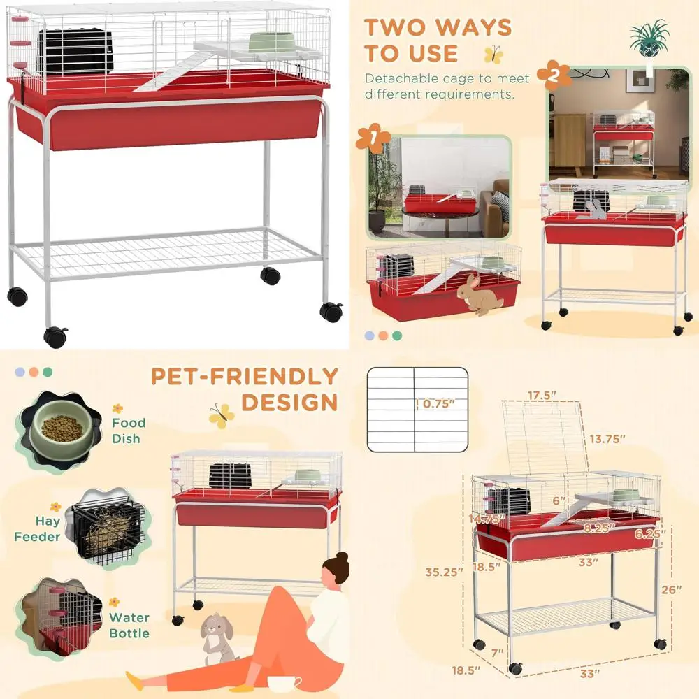 

Red 33 x 18.5 x 35 Large Animal Habitat with Removable Stand, Shelves, and Wheels for Guinea Pigs, Chinchillas, and Hamsters