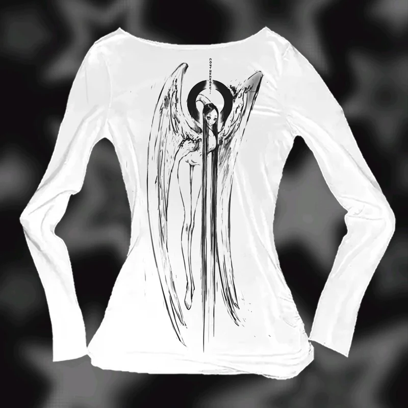 

European and American style back printed with cartoon pattern long sleeved T-shirt top 90s retro Easter Y2K Gothic Harajuku kpop