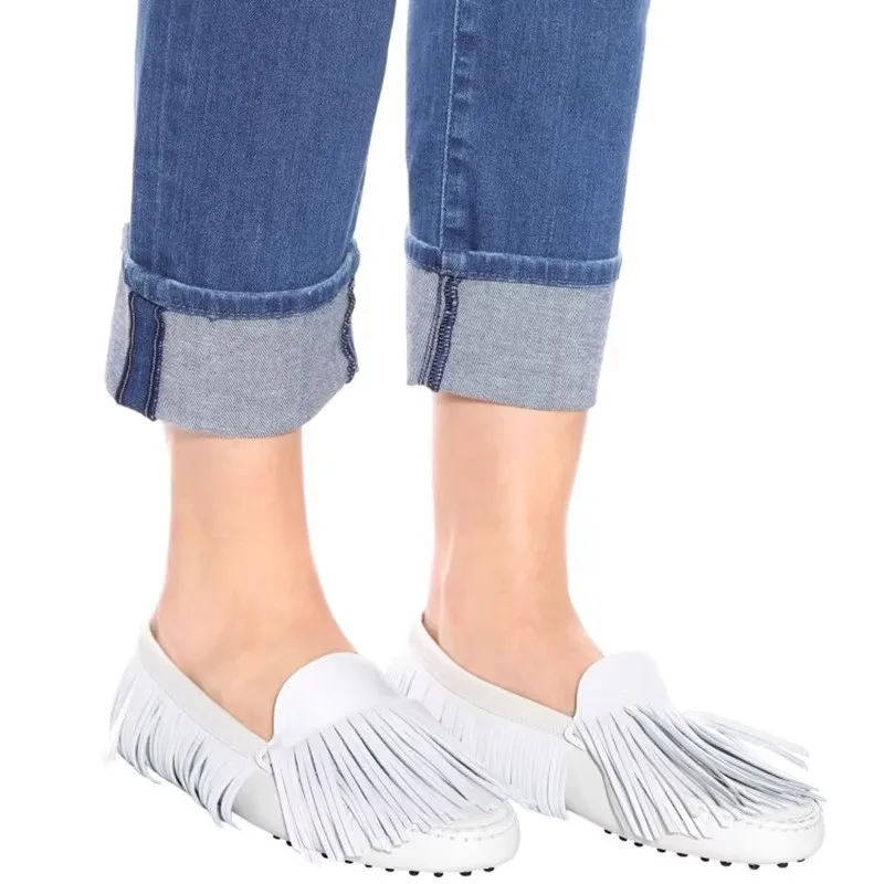 New Real Leather Tassel Covered Flat Ballet Shoes Round Toe Comfortable Leisure Shoes Fringed Moccasin Gommino Shoes