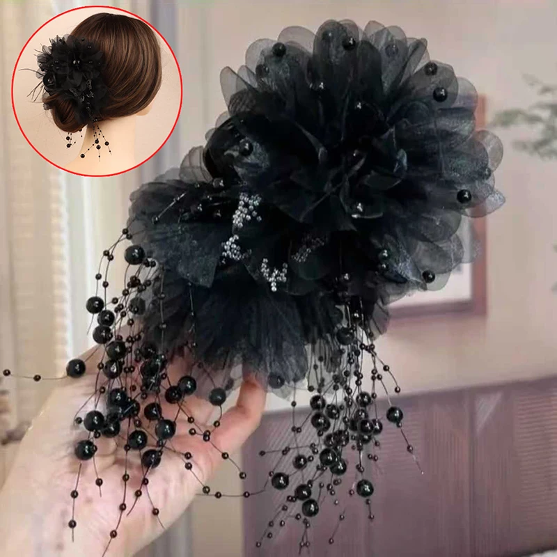 Pinza para el pelo de flor de peonía elegante coreana, pinza para el pelo con borla de perlas a la moda, Clips de tiburón para mujeres y niñas, accesorios para el cabello con temperamento