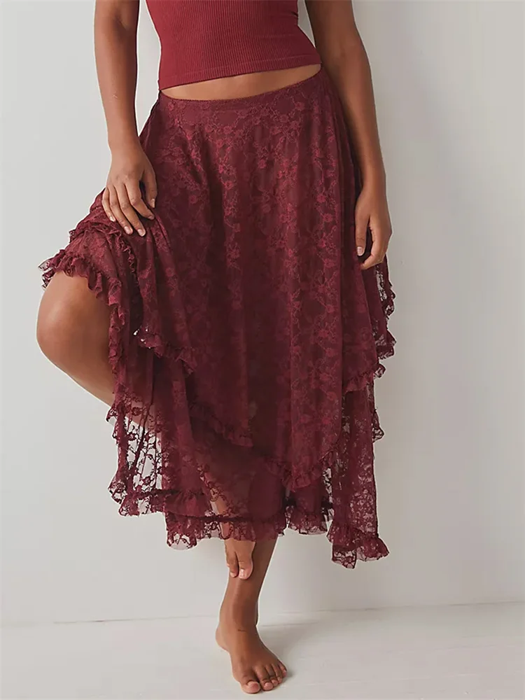 CHRONSTYLE Women Lace Party Club Long Skirts Casual Summer Irregular Hem Layered Ruffles Elastic Waist Skirts Streetwear 2024