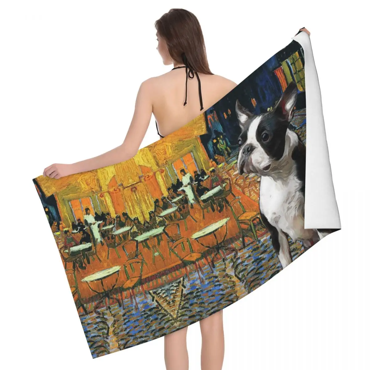 Custom Boston Terrier Dog Beach Towel Van Gogh Art Cafe Terrace At Starry Night Super Soft Microfiber Pool Towels