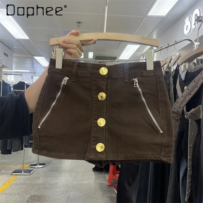 Black Brown Single-breasted Denim Skirt Flap Pocket Zipper A Line Wrap Hip Skirt Spring Summer 2024 New High Waist Jeans Skirt