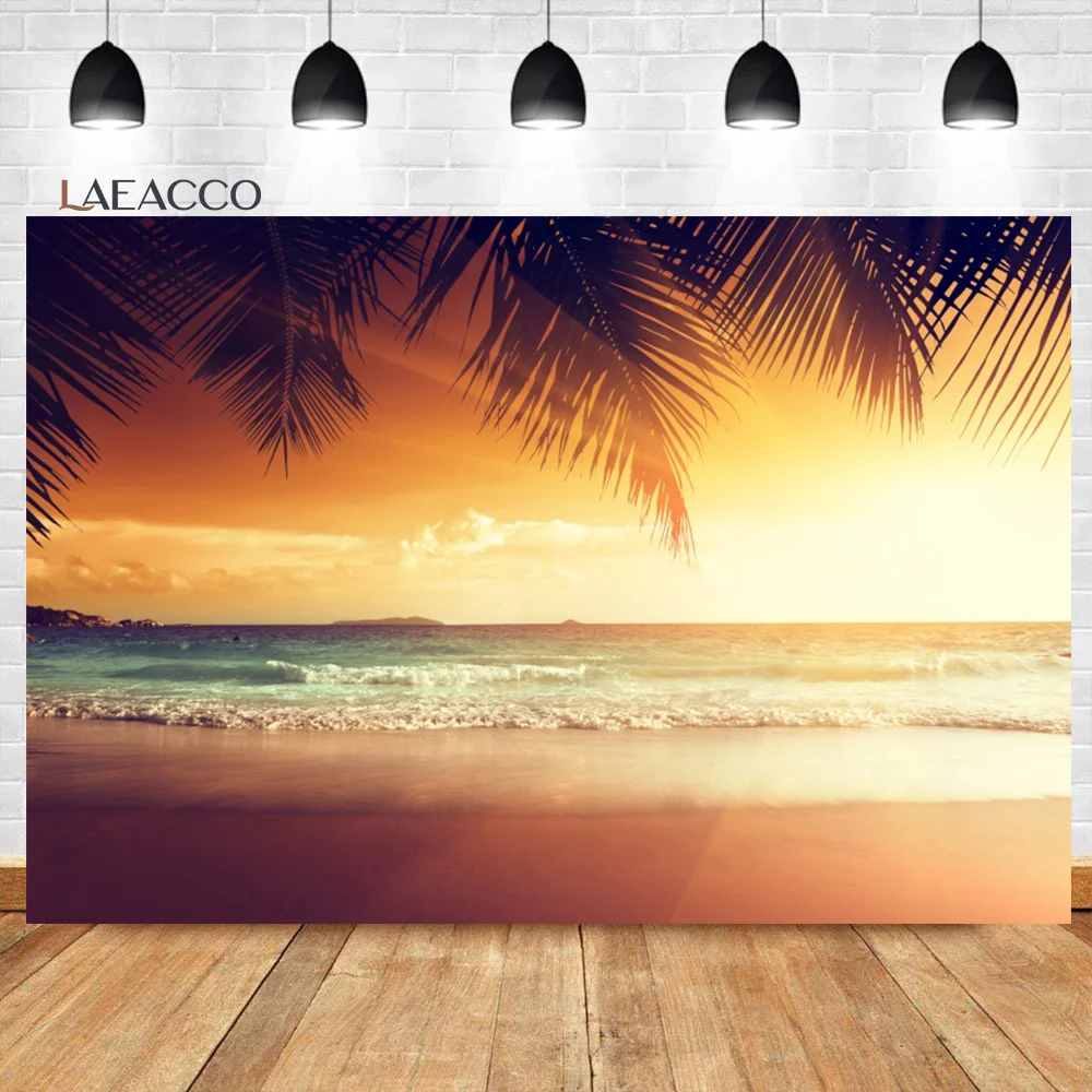 Laeacco Summer Seaside Background Sunny Beach Blue Sky Cruise Tropical Palms Tree Vacation Tourism Portrait Photography Backdrop