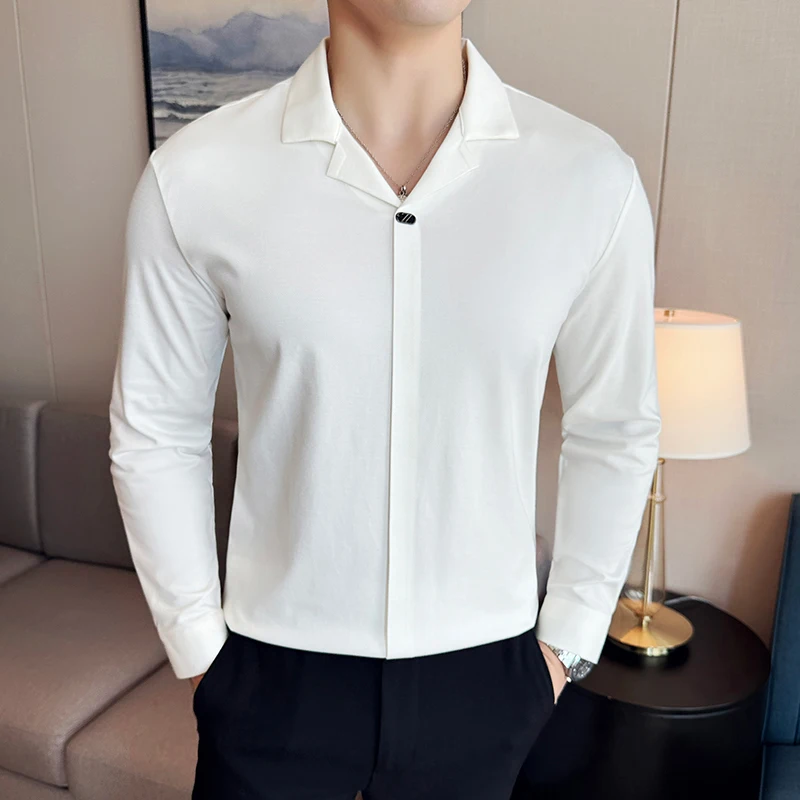High Elasticity Men Polo Shirt 2024 New British Style Thin Lapel Collar Solid Casual Slim Fit Long Sleeves T-shirt Men Clothing