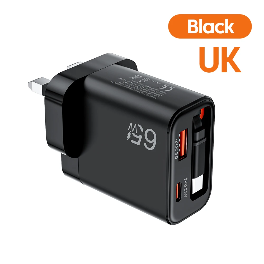 65 W Super Snel Opladen Type C USB Telefoon Oplader Met Intrekbare USB C Kabel Voor Iphone 17 16 15 Samsung POCO Xiaomi