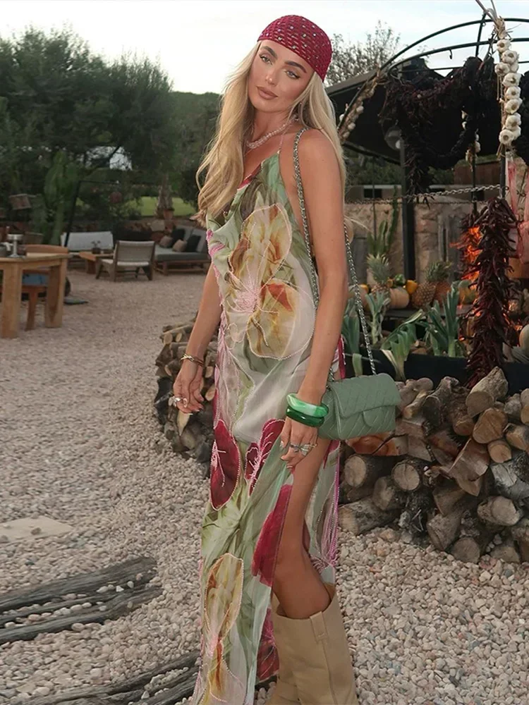 مثير مطبوعة الخامس الرقبة الرسن فساتين طويلة النساء الرجعية أكمام عارية الذراعين الجانب الشق فستان الشاطئ الإناث موضة شارع العليا عطلة