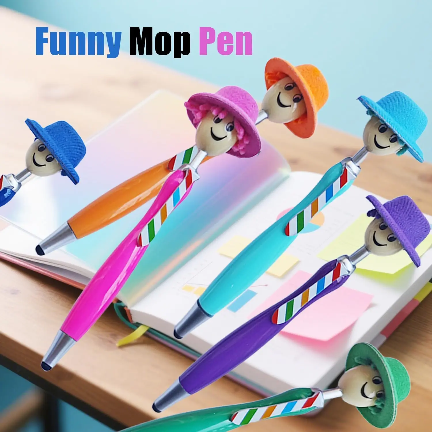 1/6個のモップヘッドボールペン、帽子付きモップペン、楽しい先端のクリエイティブなぬいぐるみボールペン、オフィスや学校に最適