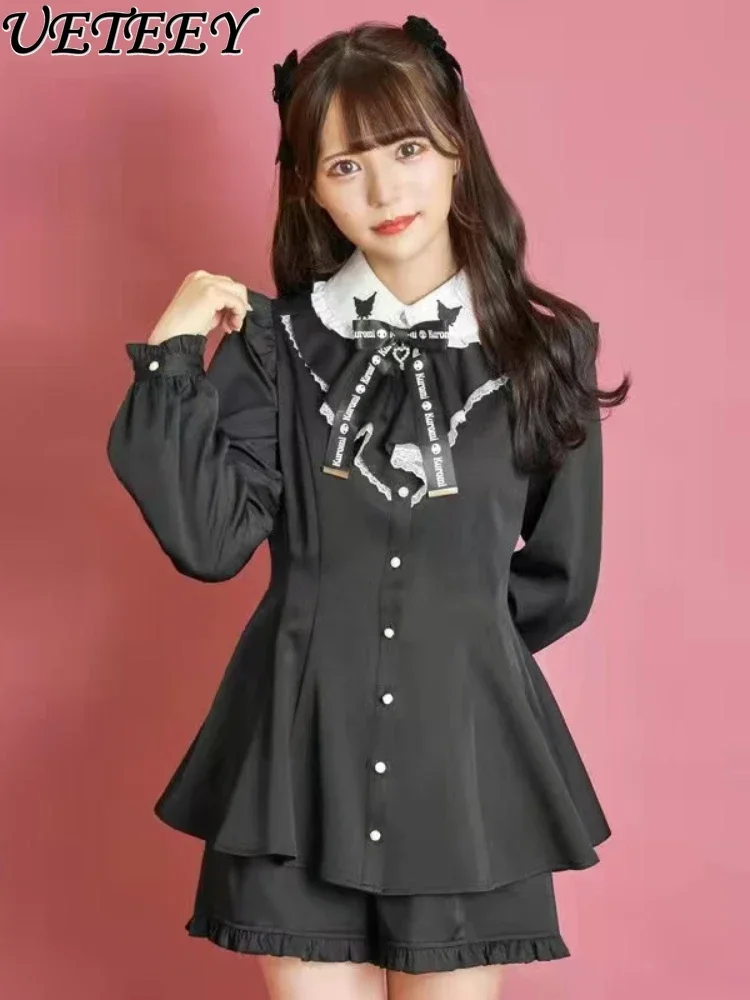 Mine Lapel Long Sleeve Mine Series Mass-Produce Shirt Fitted Waist Sweet Top Black Primer Shorts Pantskirt Japanese Lolita Dress