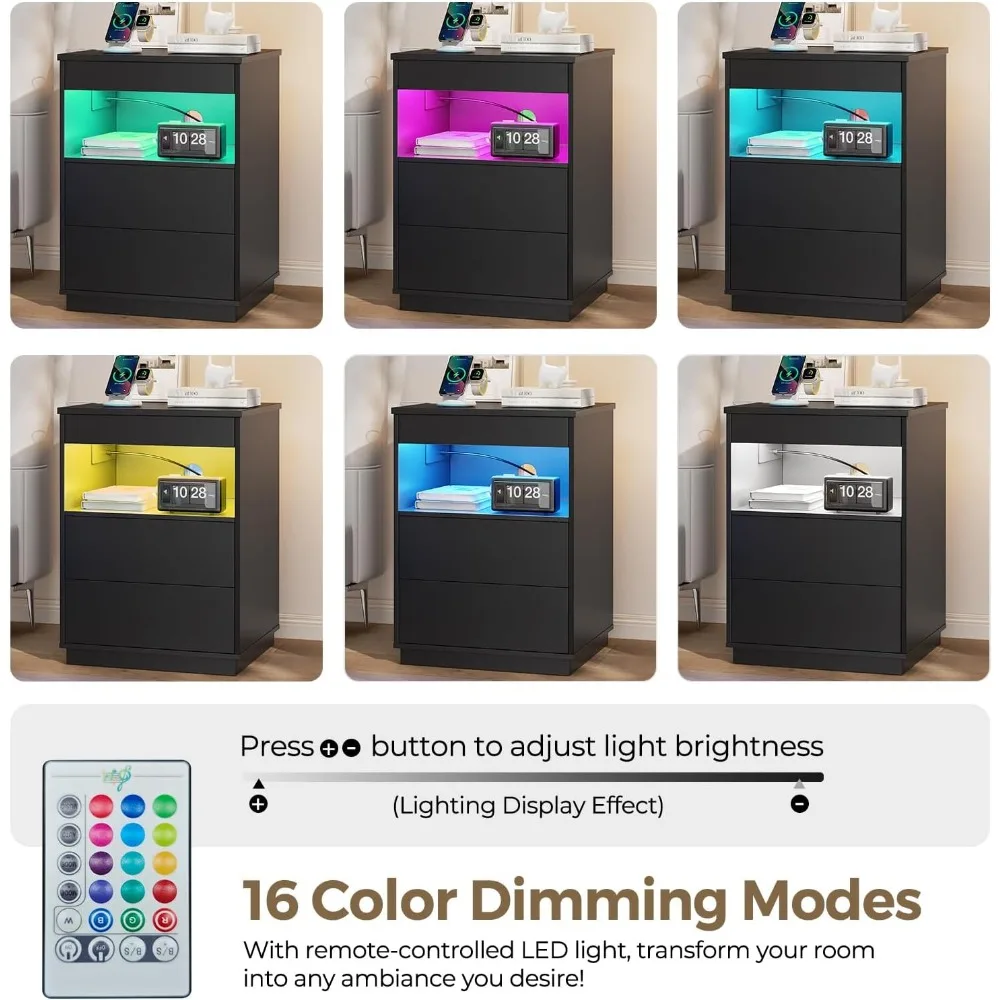 منضدة قفل حديثة مع حجرة مخفية وشحن USB/Type-C وأضواء LED ودرج تخزين المسدس - طاولة آمنة بجانب السرير