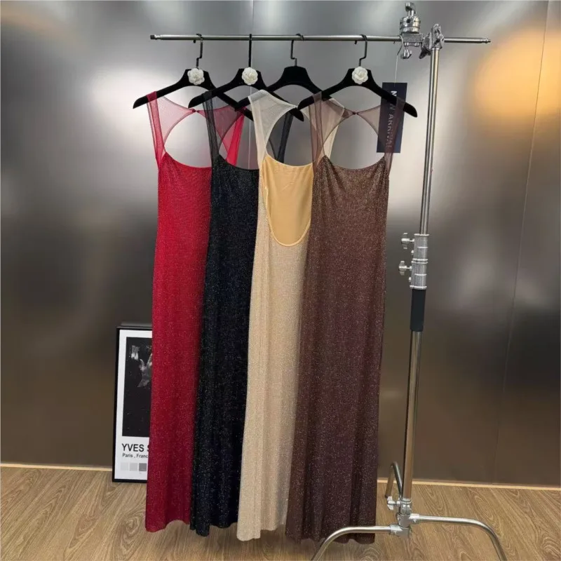 

Cover Up Beach Women Swim Wear Exits For 2025 Summer Retro Neck Sleeveless Heavy Diamond Embossed Dress Solid Polyester Exit Of