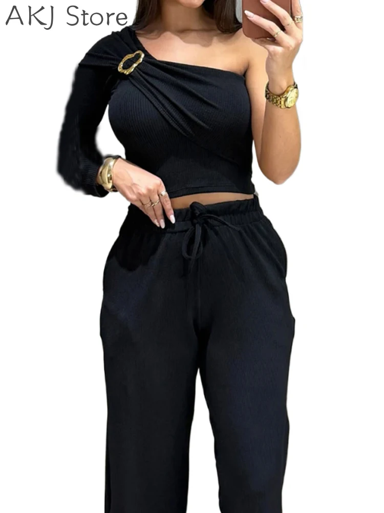 

2 Pieces Outfit Cold Shoulder Buckle Decor Long Sleeve Top and Casual Wide Leg Pants Set
