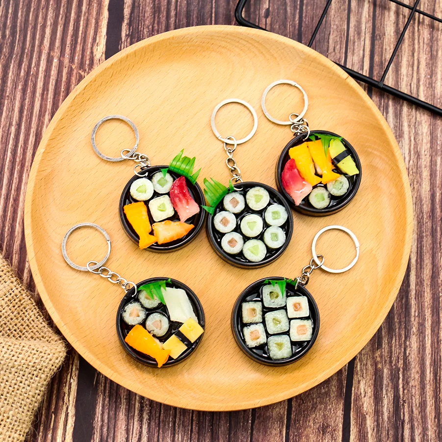 Simulation Food Keychain Pendant Funny Gift Sushi Seafood Tempura Lunch Box Sashimi Toys Party Couple Car Bag Key Rings