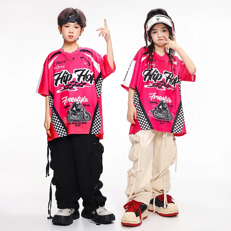 

Kid Hip Hop Clothing Rose Print V Neck T Shirt Beige Black Casual Multi Pockets Cargo Pants for Girl Boy Dance Costumes Clothes