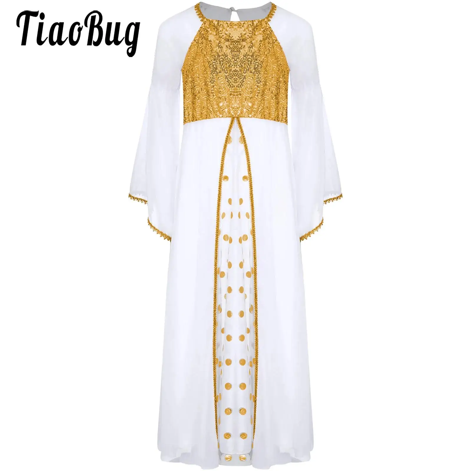 

Kids Girls Angel Costume Halloween Party Gown Church Choir Robe Flare Sleeve Chiffon Sequins Long Dress Greek Princess Dresses