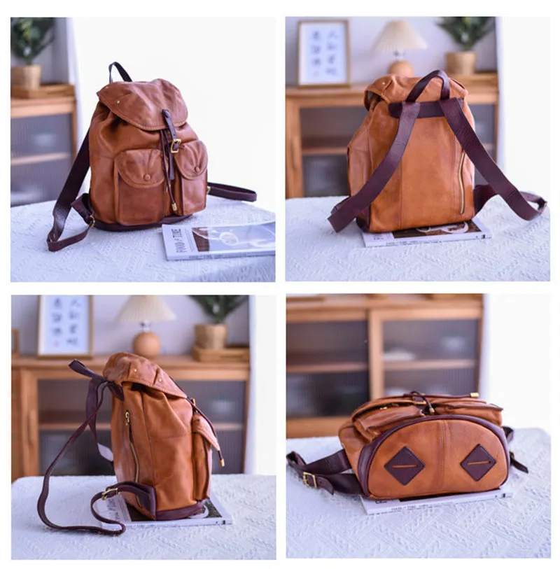 PNDME fashion vintage designer genuine leather women multi-pocket backpack real cowhide travel soft real cowhide female bookbag