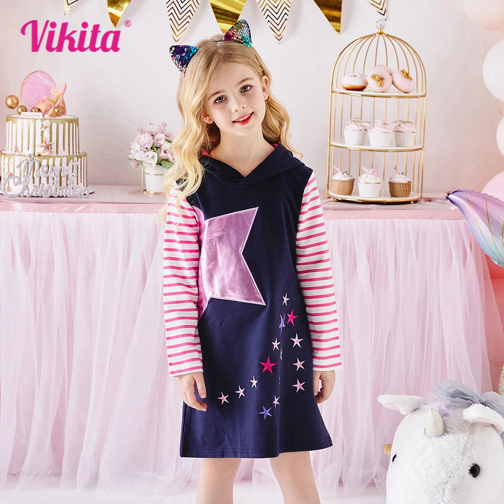 VIKITA Girls sukienka w paski z kapturem dziecięca haft w gwiazdki jesienno-zimowa proste grube bluzy z kapturem sukienki odzież dziecięca