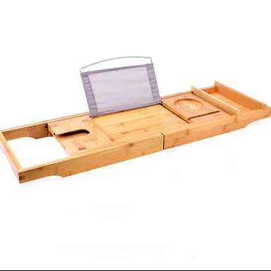 Extendable Bathtub Caddy, Natural Bamboo Bathroom Bed Tray, Shower Bath Tray Rack