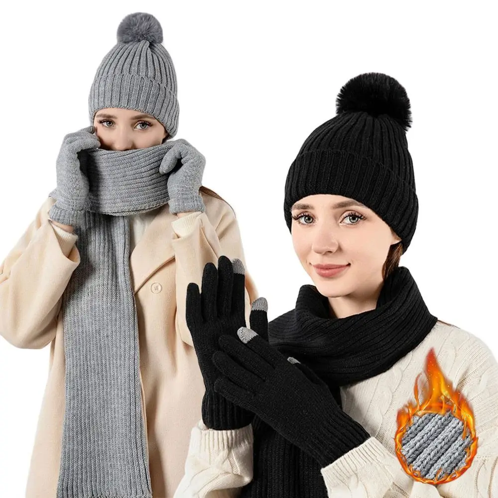 3Pcs/Set Winter Warm Women Hats Scarf Gloves Set Soft Windproof Winter Warm Mitten Ear Protection Touchscreen Gloves Outdoor
