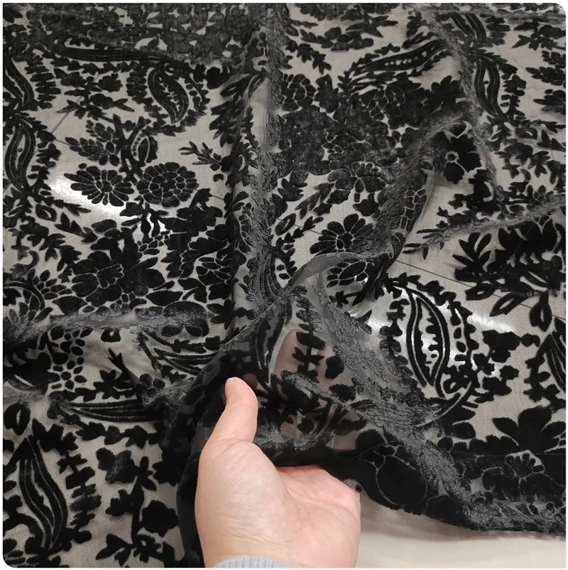 Elegant Black Silk Velvet Fabric Hollowed Cotton