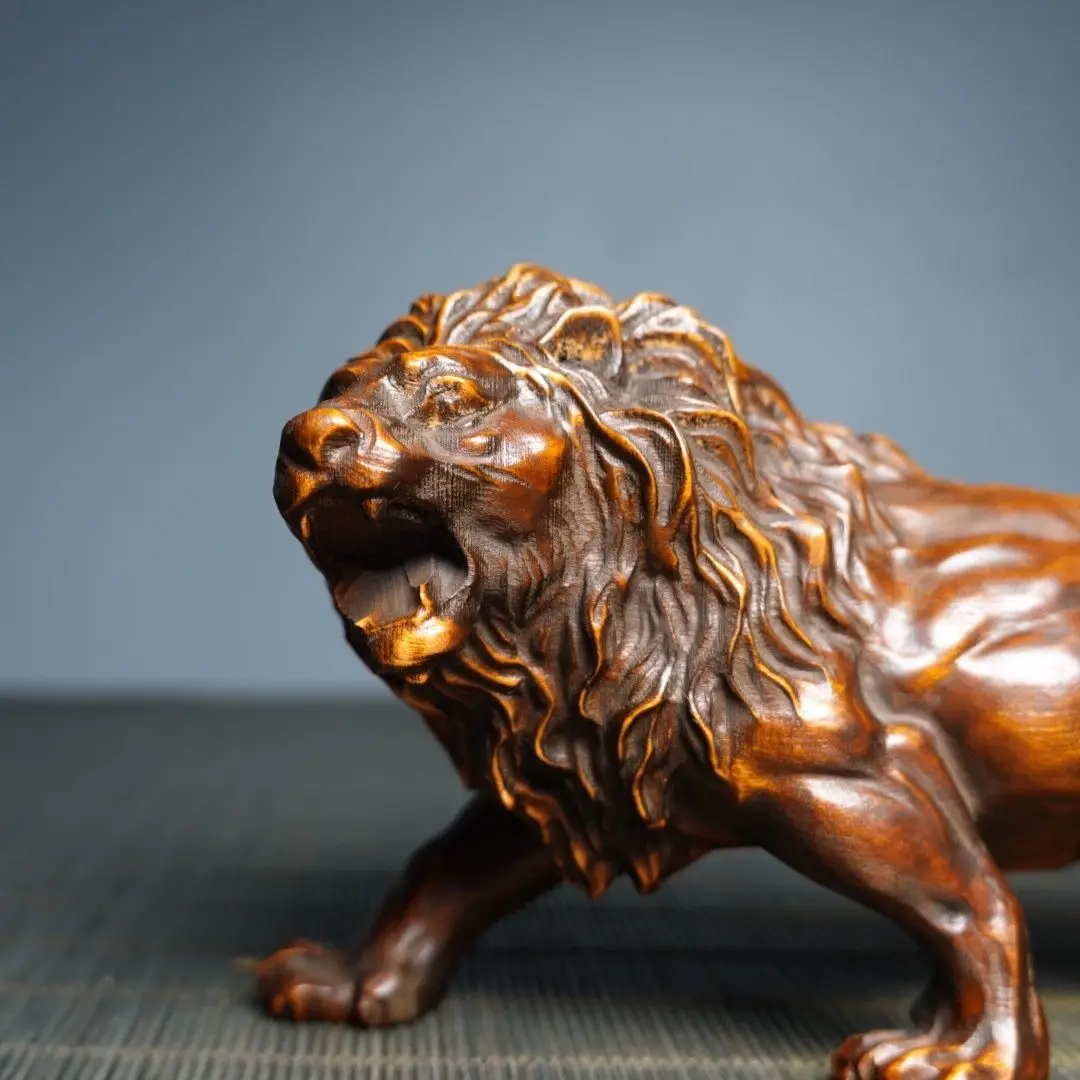 Hand Carved Wood Grinning lion Statue Figurine Desktop Ornaments Home Decoration