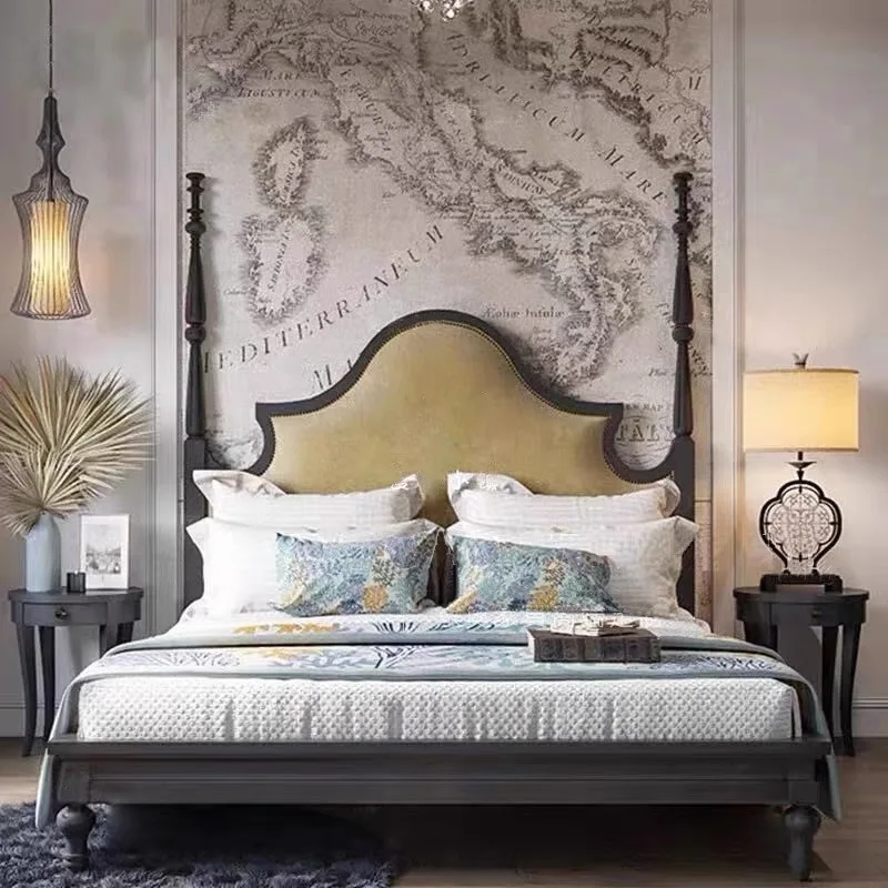 

Средневековая черная французская кровать из массива дерева, простая и старая, двуспальная кровать, французская ретро-кровать