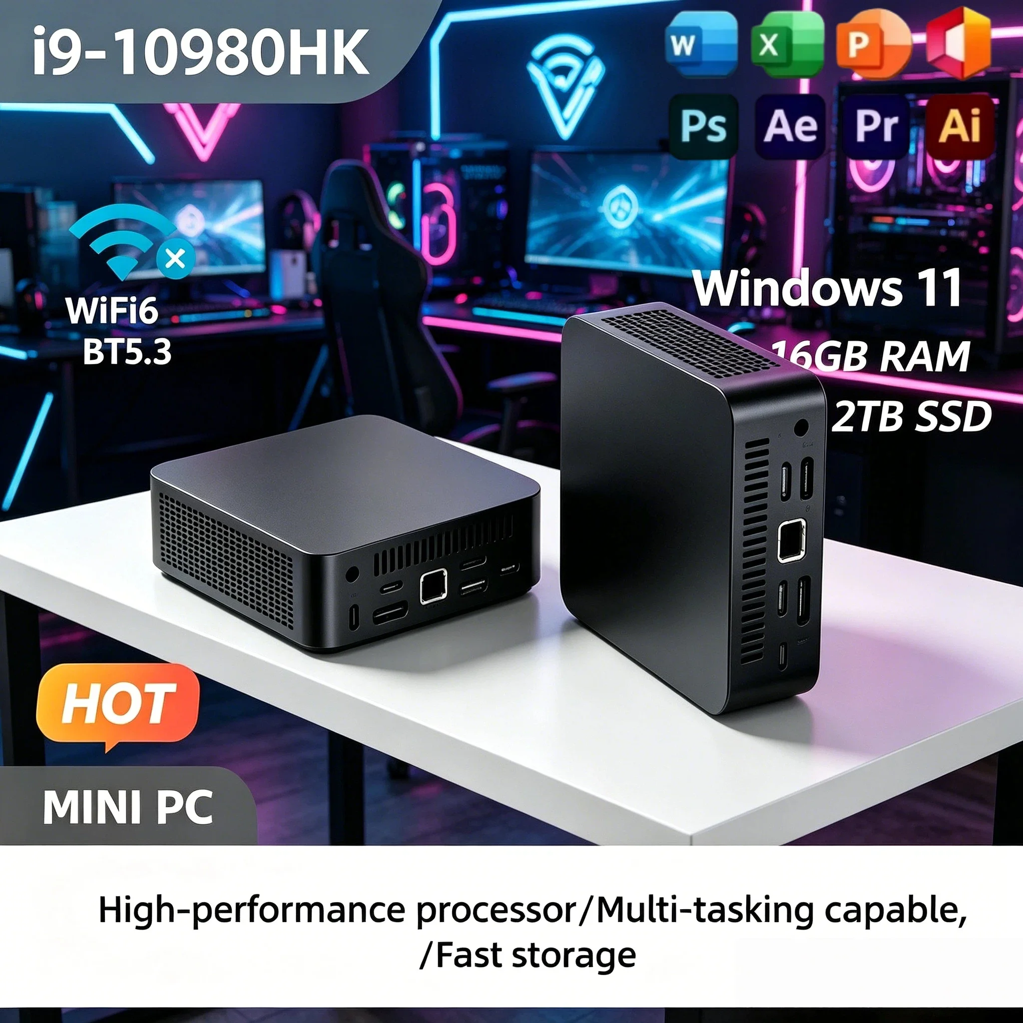 MINI PC i9 10980HK 8 Core 16 Thread Windows 11 Pro 16GB RAM 1TB 2TB SSD WIFI6 BT5.2 4K HD Gaming Office Study V30 Pro Max
