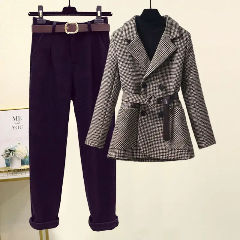 Blazer de chaqueta flocado para mujer, pantalones casuales elegantes de dos piezas, traje de oficina, estilo coreano, decoración de cinturón,