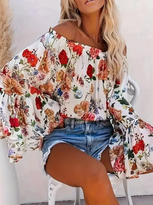 

One collar printed 2025 summer new women's fashionable casual single shoulder top