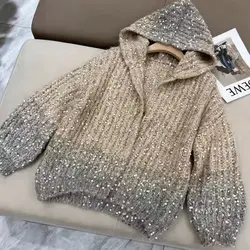 Autumn Winter Maillard Sequined Cardigan Jacket Loose Hooded Knitted Sweater Coat Women's Winter Thick Warmer Sweater