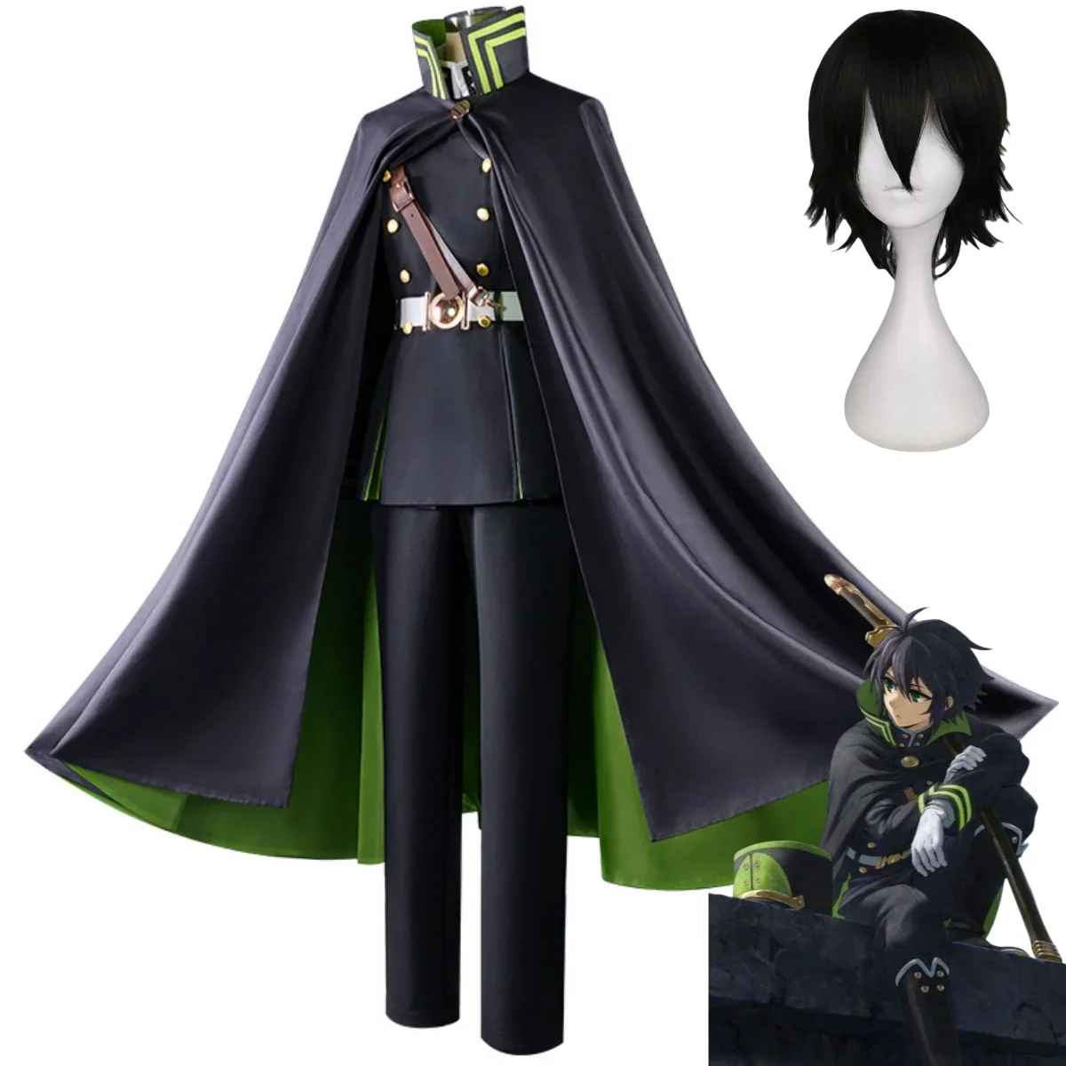 Anime Seraph of The End Yuichiro Hyakuya Cosplay Costume Owari No Seraph Black Cloak Military Uniform Wig Man Carnival Suit