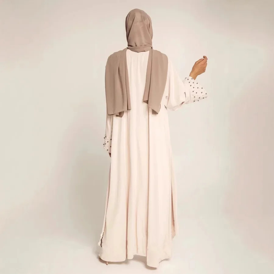 Elegance Solid Color Beaded Muslim Arab Turkey Middle East Fashion Lace-Up Cardigan Robe Women Abaya