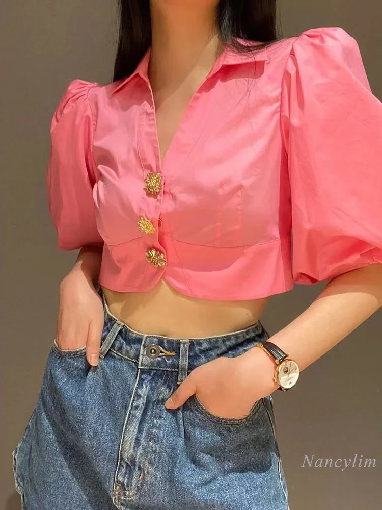 French Style Short Blouse Ladies Three-grain Diamond Buckle High-waisted Short Bubble Sleeve Shirt Summer Niche Temperament Top