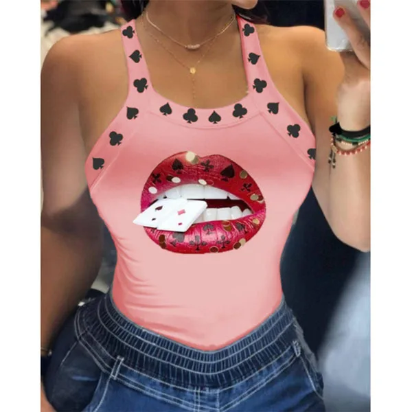 Women's Vest 2023 New Beautiful Girl Sexy Sling Lip Print T-Shirt Vest Top Fashion U-Neck All-Match Vest Bottoming Shirt Y2K Top