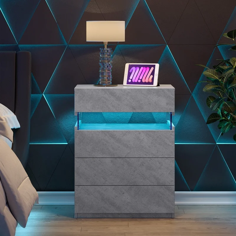 

Modern Grey Nightstand with Adjustable LED Lights and 4 Drawers, Bedside Table
