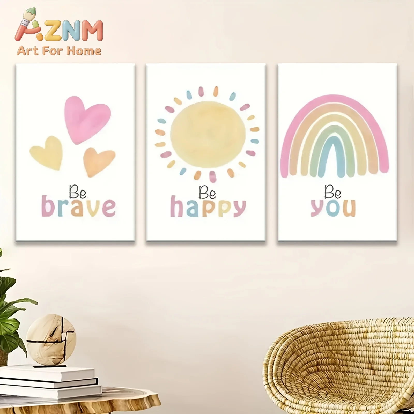 AZNM Pastel Rainbow Sun Heart Canvas Wall Art Inspirational Quote Be Brave Happy You Frameless Canvas Painting Kids Room Home De